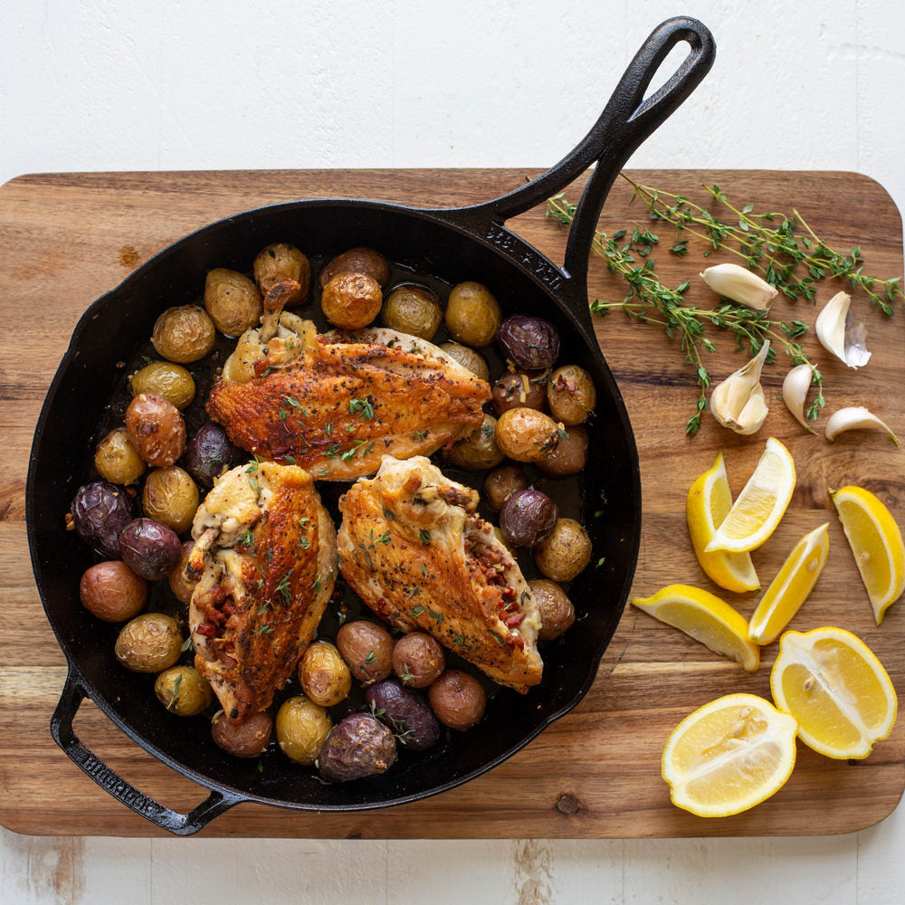 Pancetta Stuffed Chicken Breast with Roasted Garlic Potatoes Lodge Cast Iron