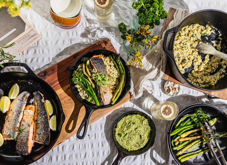 Crispy-Skin Salmon with Lemon Herb Orzo, Spring Onion Pesto & Charred Greens