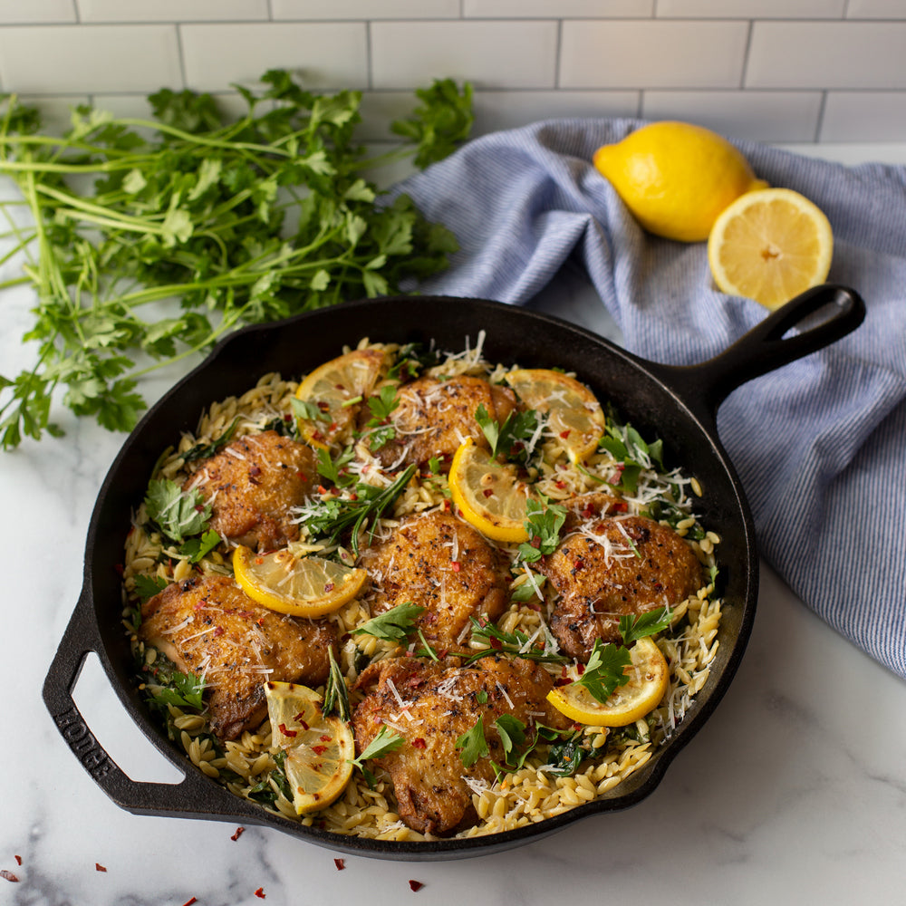 One Pan Chicken Thighs with Lemon and Spinach Orzo Lodge Cast Iron