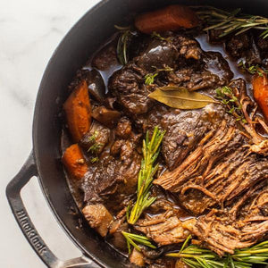 Red-wine braised slow roast with root vegetables