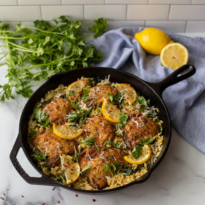 One Pan Chicken Thighs with Lemon and Spinach Orzo