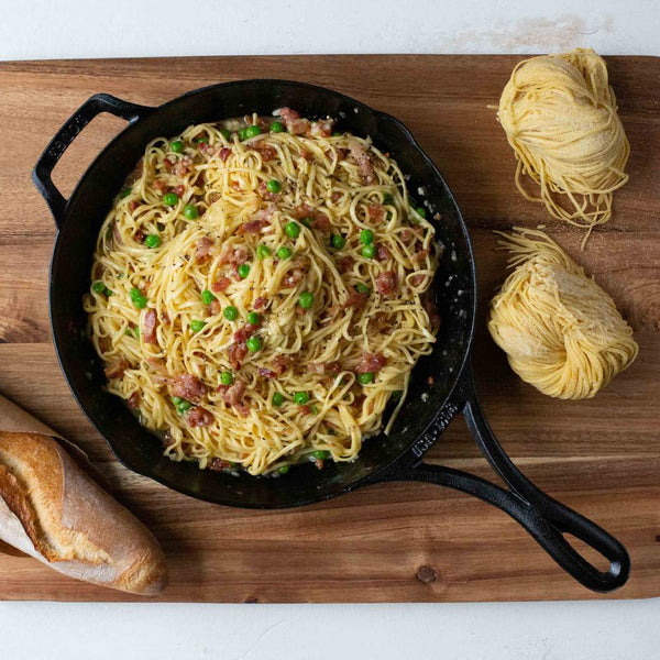Carbonara cooked in a Lodge Blacklock 26cm cast iron skillet
